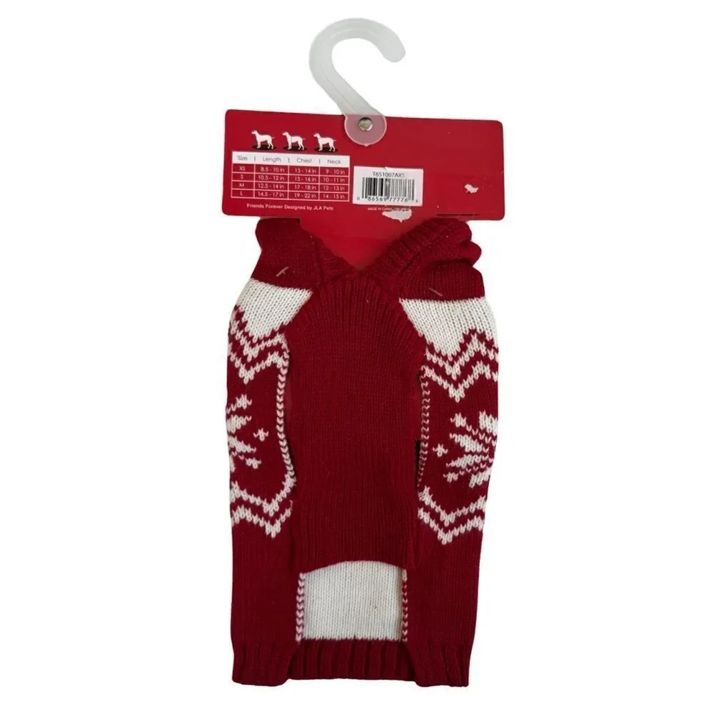Friends Forever Knit Pet Holiday Snowflake Red White Ugly Sweater Hooded Pom NWT - Picture 3 of 9